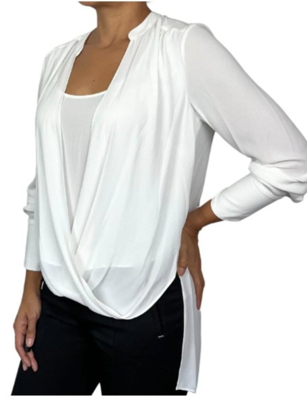 BCBGMAXAZRIA White High/Low Scoop V Neck Blouse Sz L